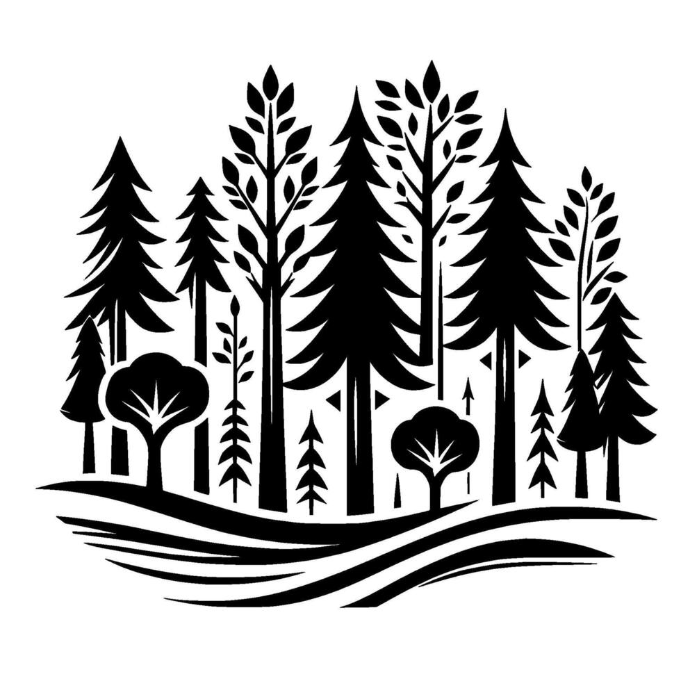 Stylized Black and White Forest Scene Featuring Diverse Trees on a Wavy Landscape, Silhouetted against a White Background. vector