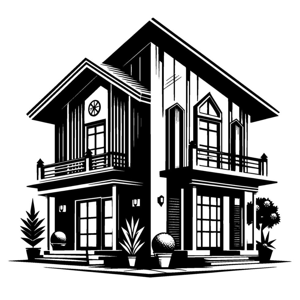 Detailed Black and White Architectural Illustration of a Modern TwoStory Home, Featuring Balconies, Geometric , and Landscaping. vector