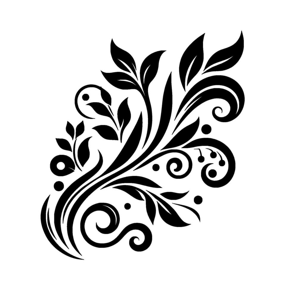 Elegant Black and White Floral with Leaves, Swirls, and Dots on a White Background, Ideal for Decor or Patterning vector