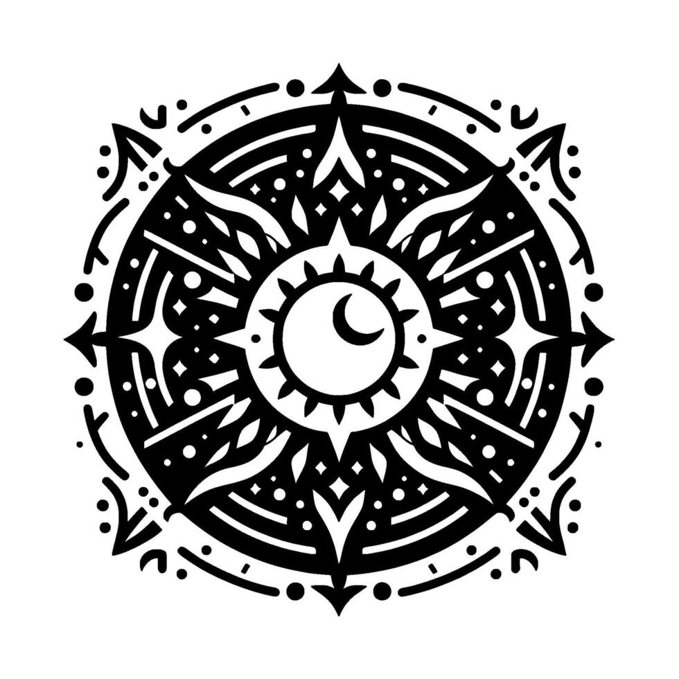 Ornate symmetrical circular illustration of a celestial featuring sun, moon, stars, and arrowlike shapes. vector