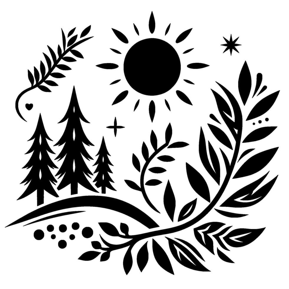 Stylized Black and White Nature Illustration Featuring Trees, Sun, Leaves, Stars, and a Hill, arranged in a circular composition. vector