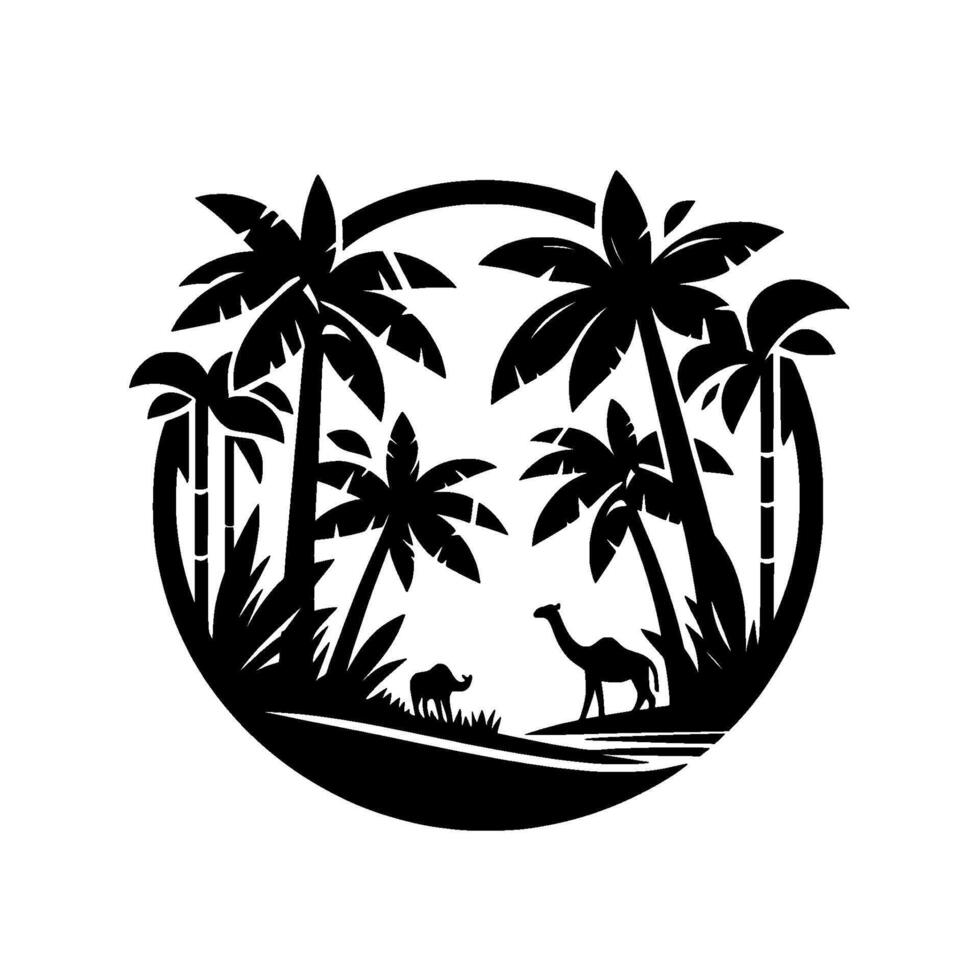 Black and white silhouette, a circular desert scene, palm trees frame a small hill with an elephant and camel against a white backdrop. vector