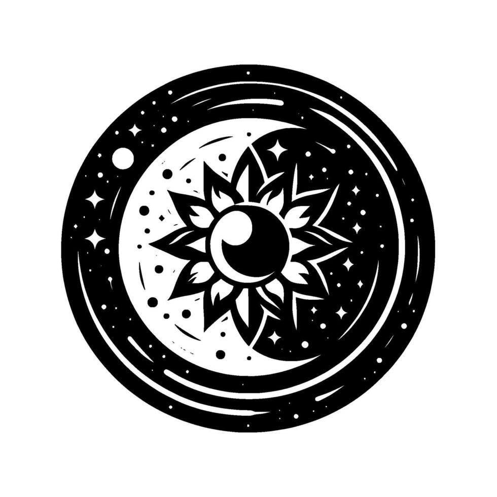A monochrome celestial illustration of a sun and moon symbiosis within a starry cosmic circle, invoking balance. vector
