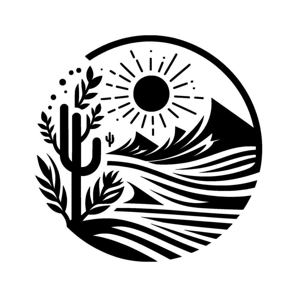 Black and White Desert Landscape Circular Emblem Featuring a Cacti, Sun, Mountains, and a Textured, . vector