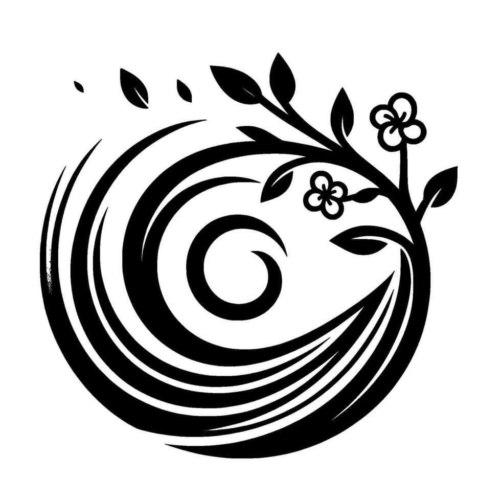 Black and white stylized floral emblem swirling organic shapes, a blossoming branch with leaves, and a circular motif. vector