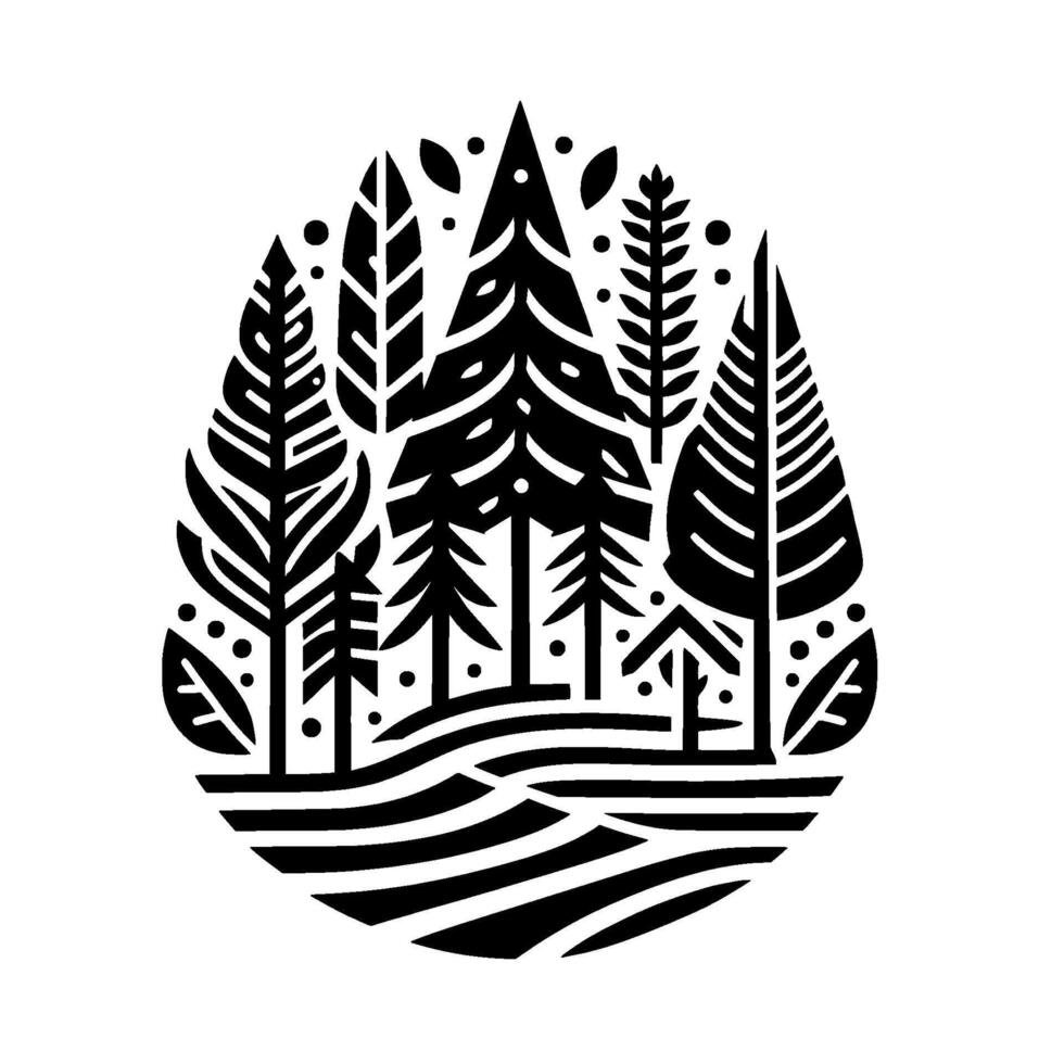Stylized Black and White Forest Scene within Oval, Showcasing Trees, Hills, and Nature Elements. vector