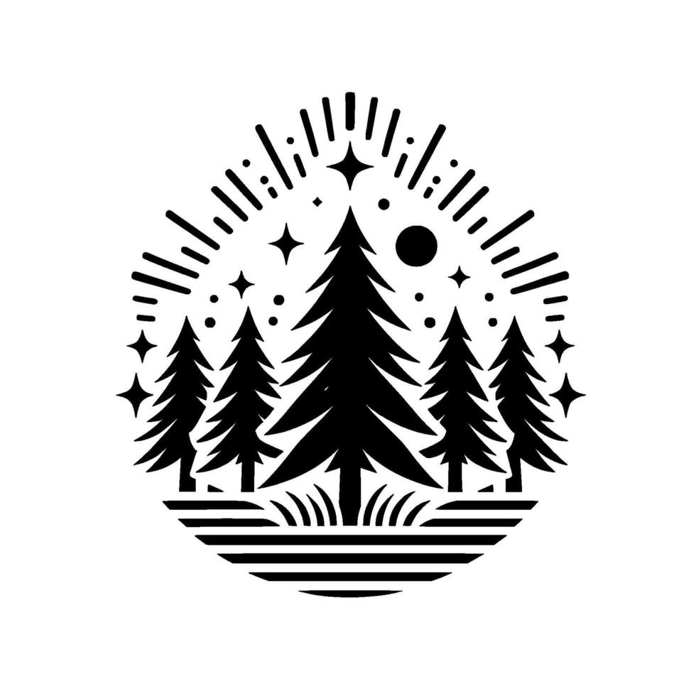 Silhouette of a forest under a starlit sky with a central starburst , all within an oval element. vector