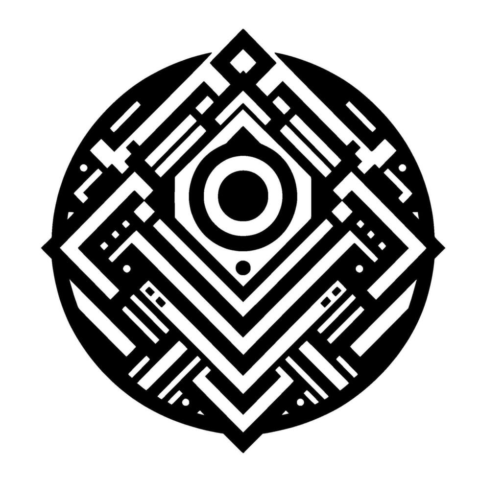 intrincado geométrico emblema presentando un central objetivo, enmarcado dentro un simétrico modelo de angular negro y blanco formas, dentro un círculo. vector
