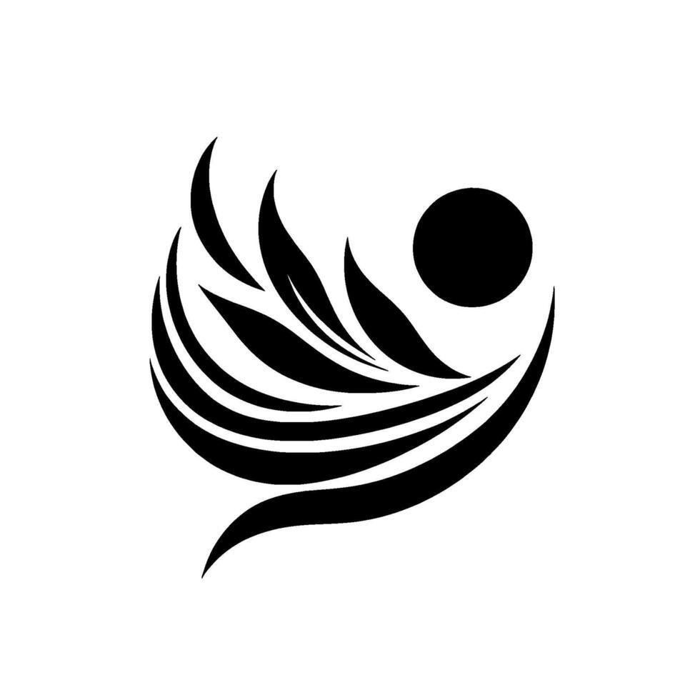 Abstract Black and White Flowing Lines, Leafy Forms, and a Single Circular Element, Creating a Sense of Movement and Balance. vector