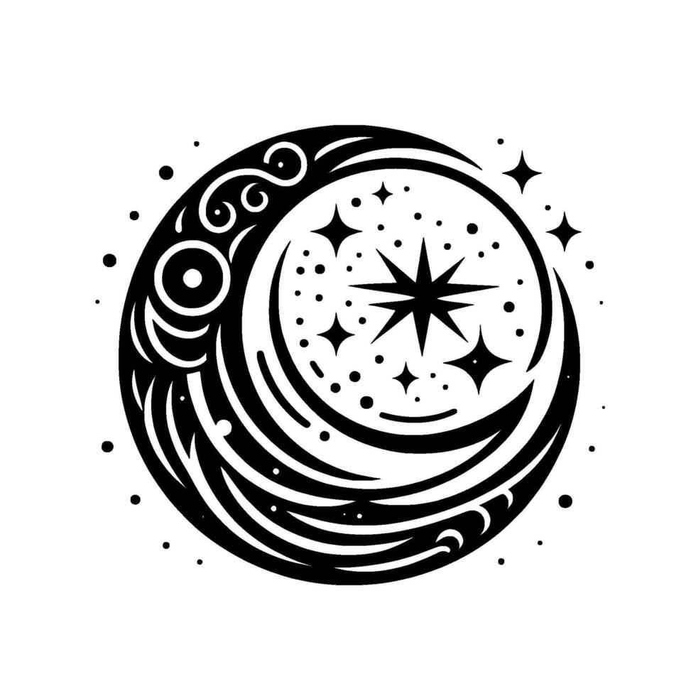 Intricate Black and White Crescent Moon with Stars and Swirls, Celestial , Symbolic Art. vector