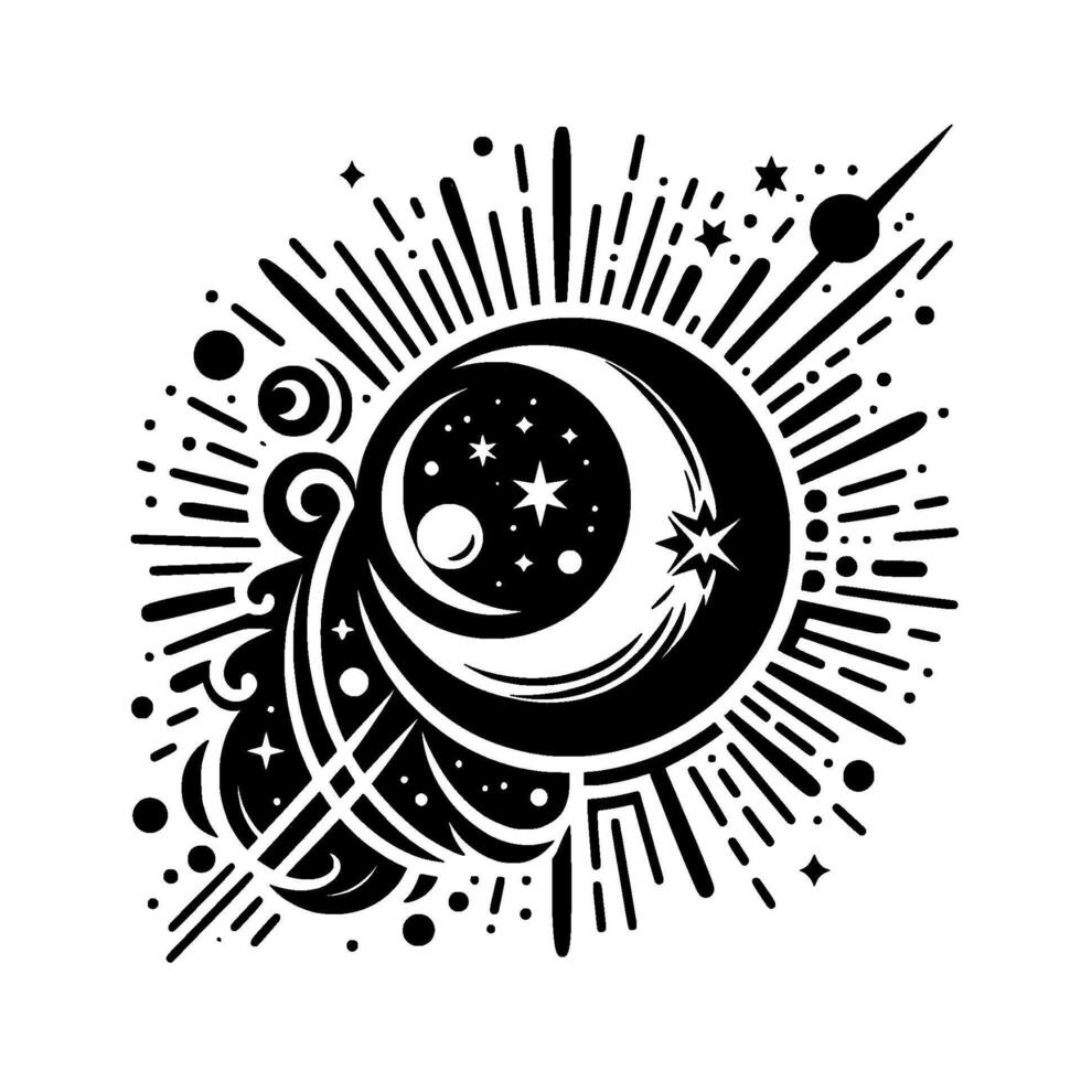 Celestial Burst A Stylized Black and White Illustration Depicting Moon, Stars, and Cosmic Energy, Abstract and Decorative vector