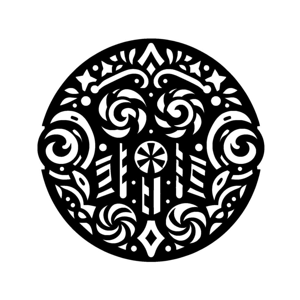 Ornate Black and White Circular Mandala with Swirls, Geometric Shapes, and Stars on a White Background, Ornamental . vector
