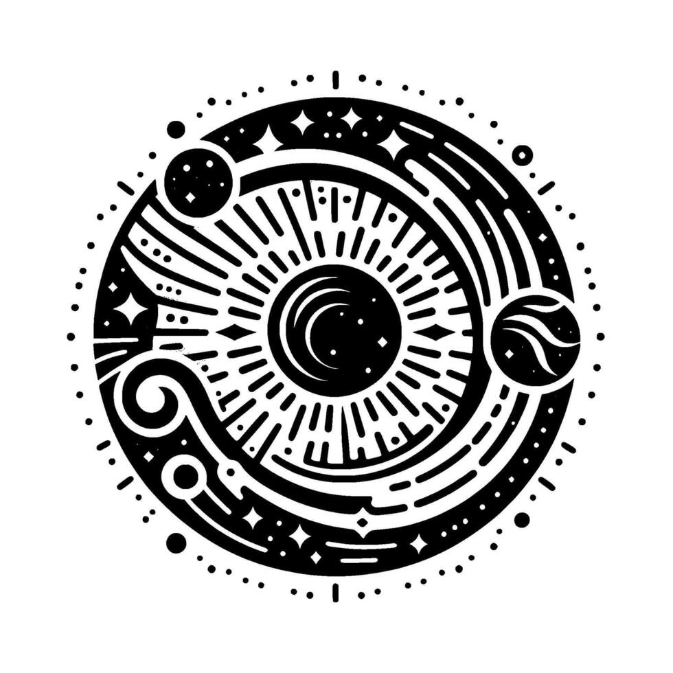 Celestial Black and White Illustration Concentric Circles Depicting the Sun, Moon, Stars, and Planets in a Decorative Style vector