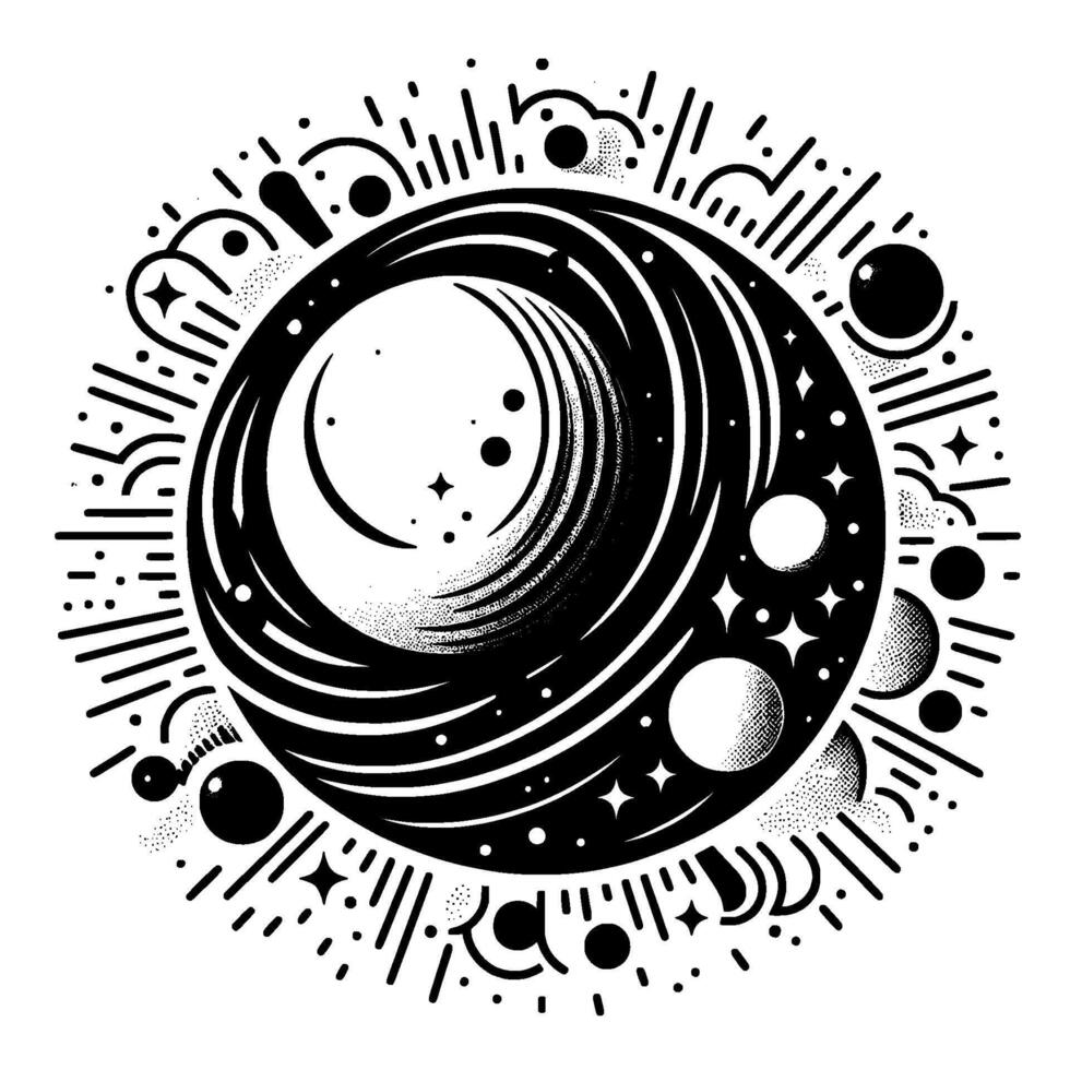 Celestial Mandala Detailed Black and White Circular Illustration Depicting Moon, Stars, Orbs, and Abstract Radiating Lines. vector
