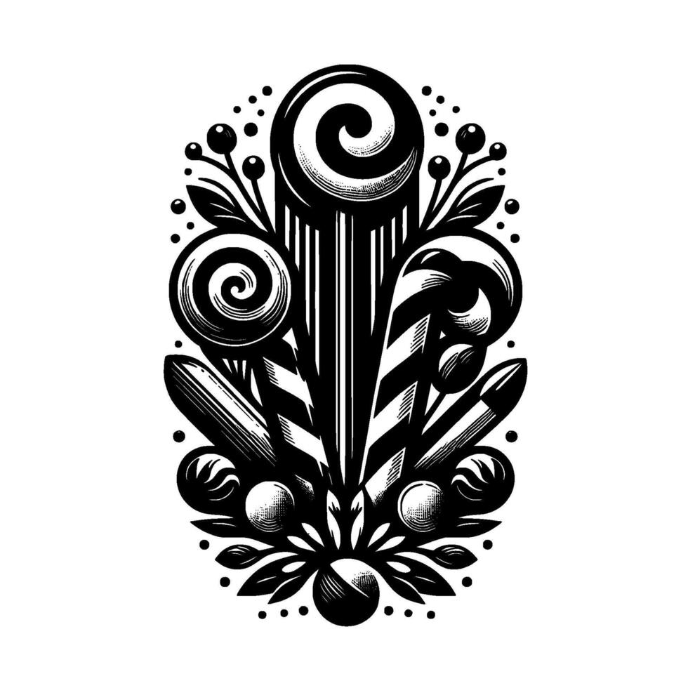 Art DecoInspired Black and White Candy Composition featuring Lollipops, Swirls, Candy Canes, Berries, and Leafy Elements in an Oval . vector