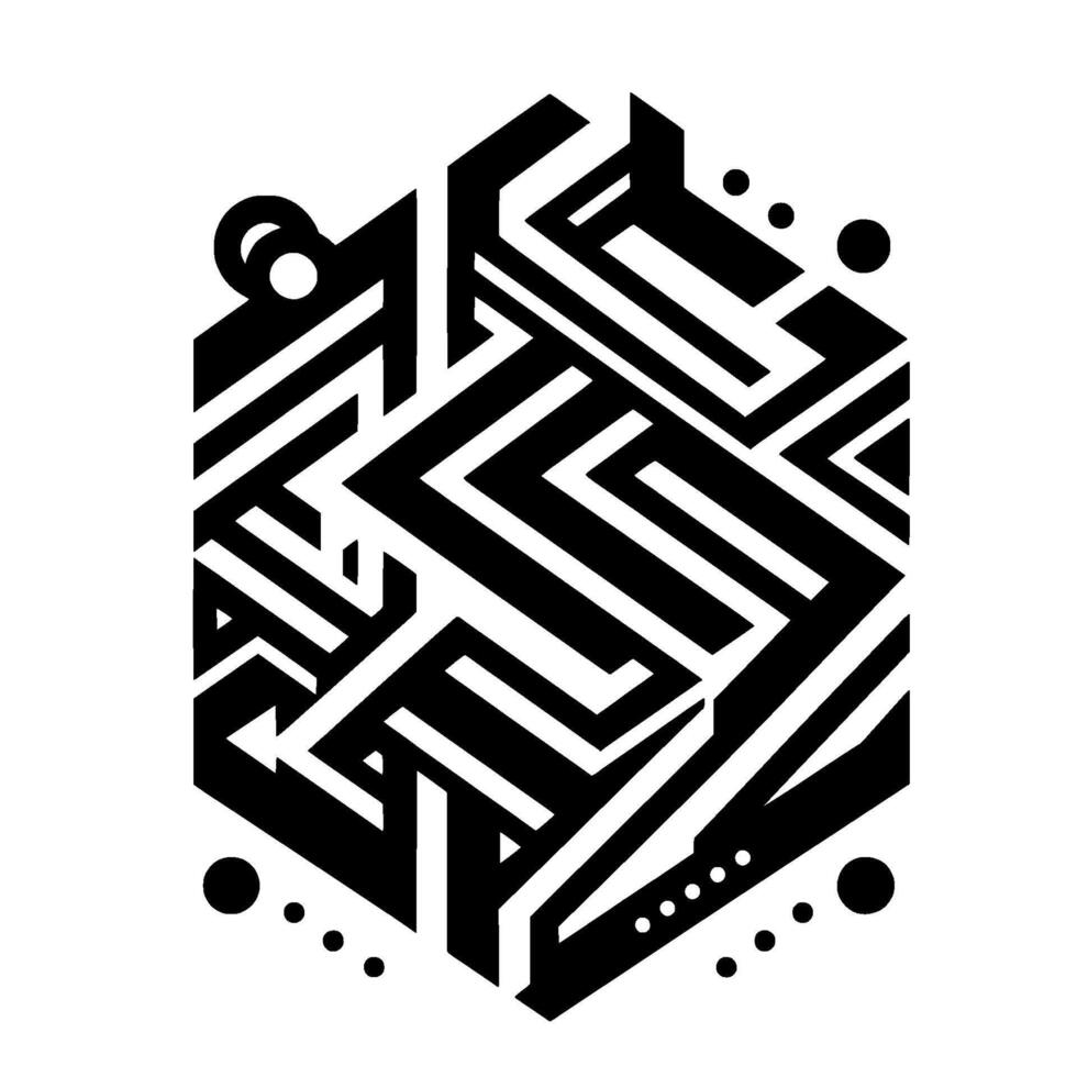 Black and White Geometric Maze Inside a Hexagon with Dots Circles on White Background. vector