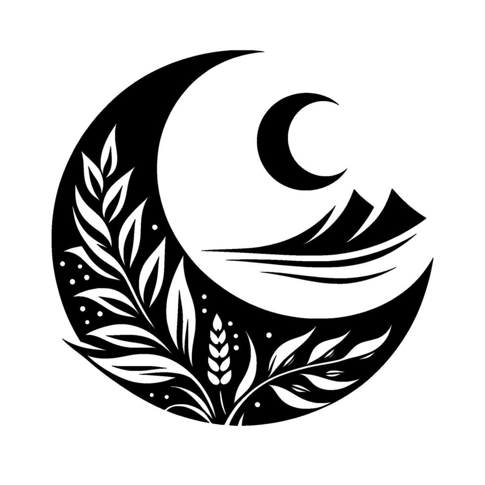 A serene black and white featuring a crescent moon, a smaller moon, mountains, sealike lines, and flourishing plant motifs, evoking peace. vector