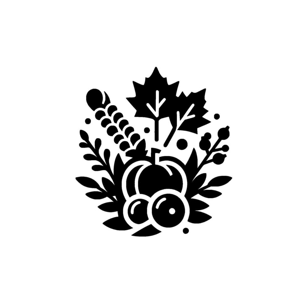 Black White Harvestthemed Illustration Pumpkin, Gourds, Wheat, Leaves, Berries, and Foliage on White. vector