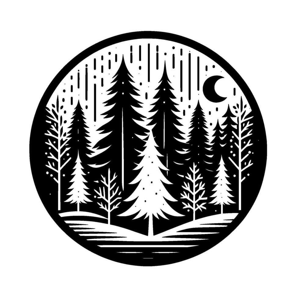 Circular Silhouette of a Pine Forest at Night with Rain, Crescent Moon, and Minimalist Black White Aesthetic vector
