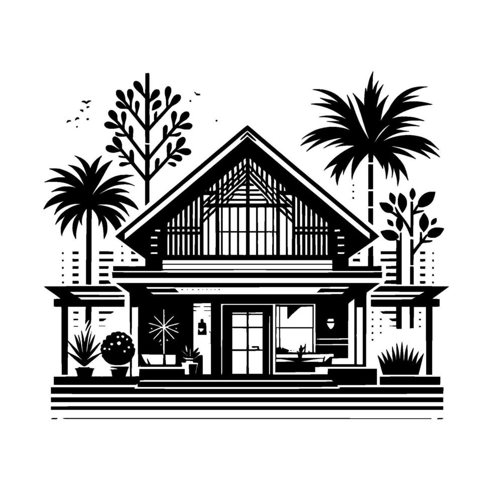 Minimalist Black White Tropical Home Illustration with Palm Trees and Geometric , Art. vector
