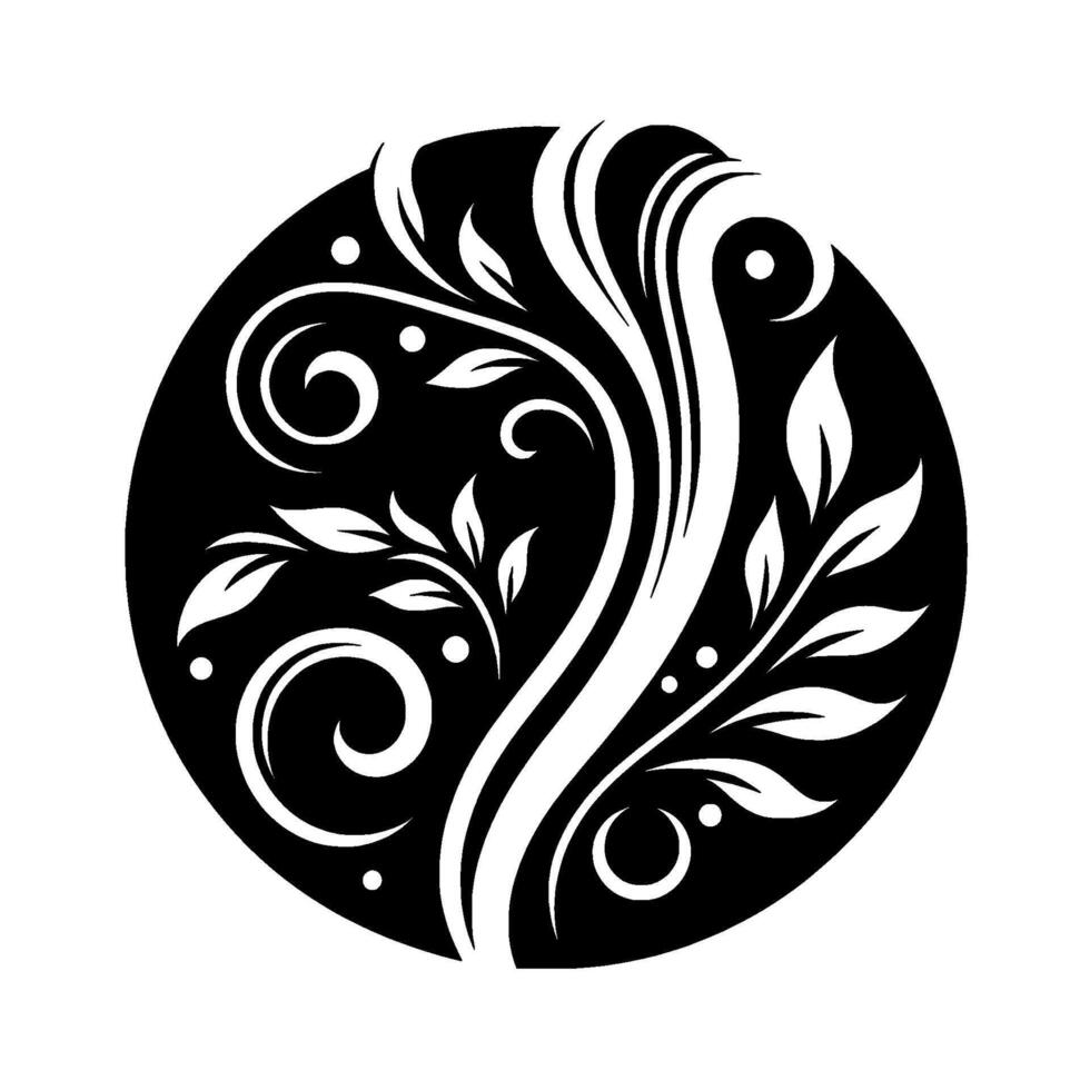 Stylized Black and White Floral in a Circle, Featuring Leaves, Swirls, and Decorative Elements, Evoking Nature. vector