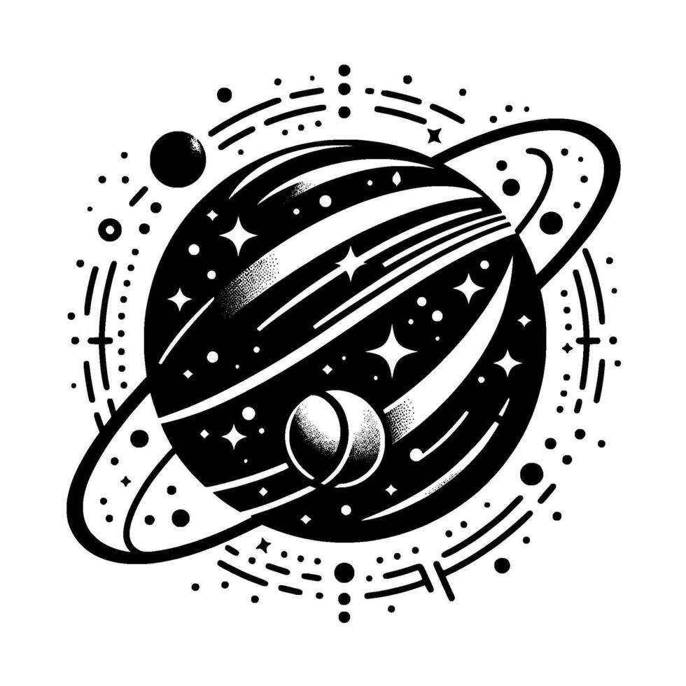 Stylized Black and White Celestial Illustration Ringed Planet, Moons, Stars, and Orbital Elements, Cosmic Decorative . vector