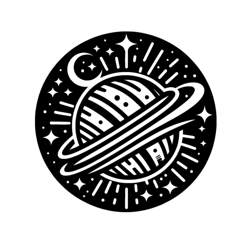Black and White Space Illustration Planet with Rings, Crescent Moon, and Starbursts, Circular . vector