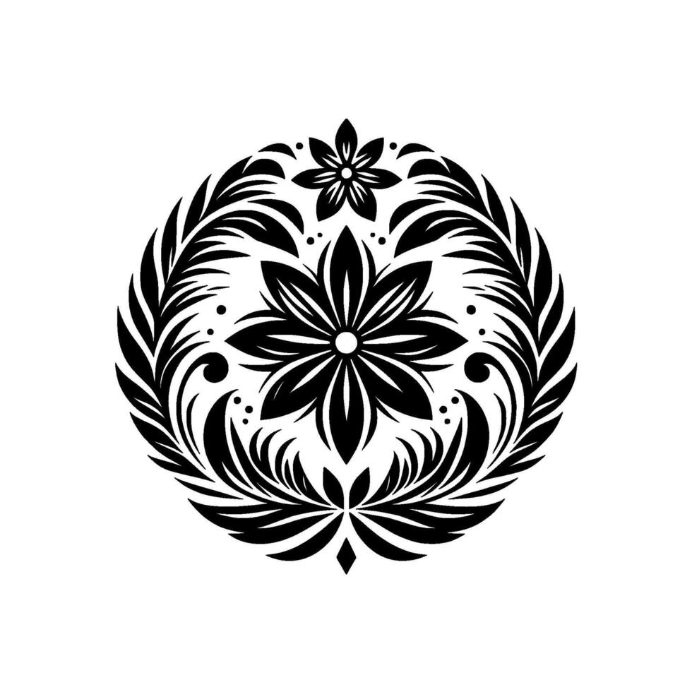 Intricate Black Floral Mandala with Detailed Foliage and Dot Accents on a White Background, Symbolic of Nature. vector