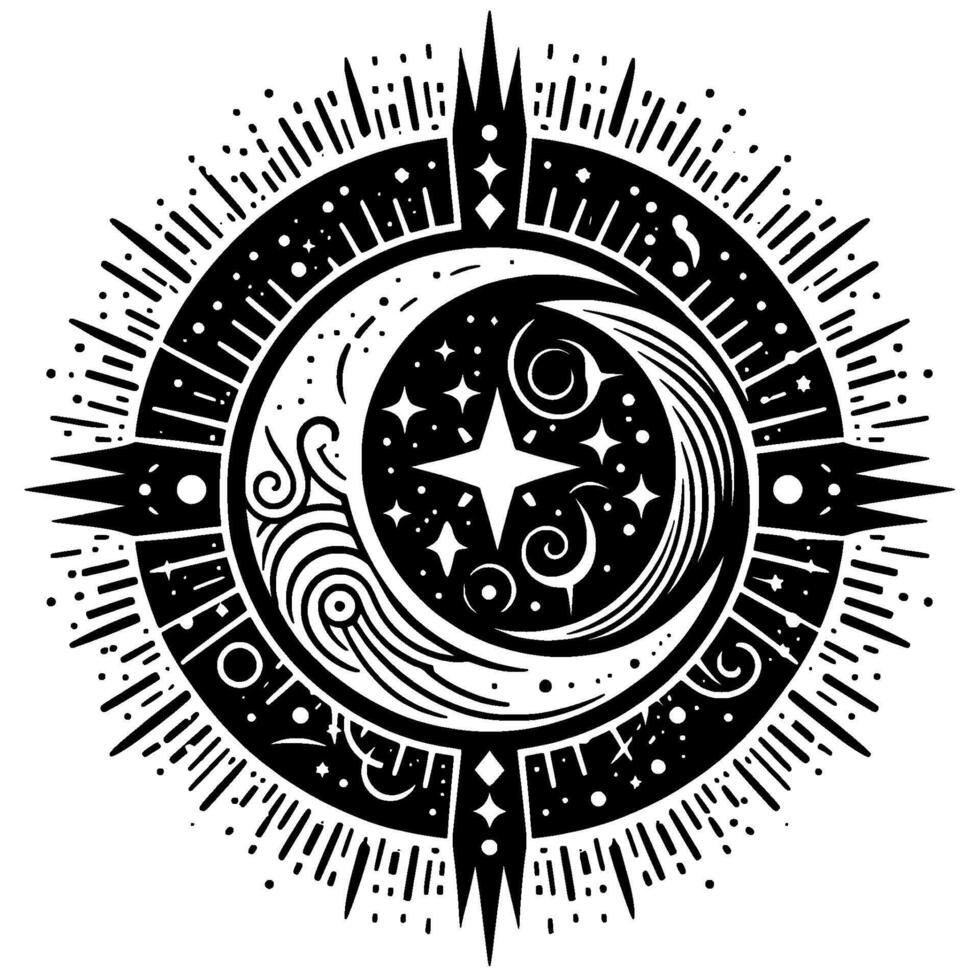 Celestial Mandala A Black and White Artistic Composition Featuring a Crescent Moon, Stars, Swirls, and Radiant Burst. vector