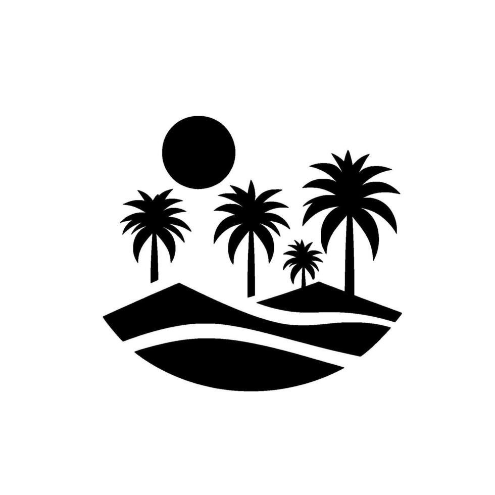 Minimalist Black and White Silhouette Palm Trees, Sun, and Dunes Tropical Desert Landscape vector