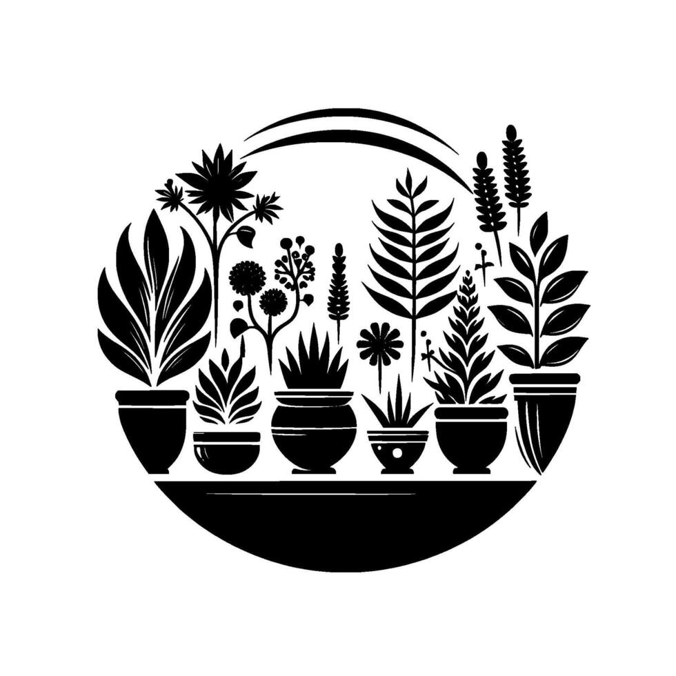 Minimalist Black and White Illustration of Diverse Potted Plants in a Circular Composition, Evoking Nature Serenity. vector