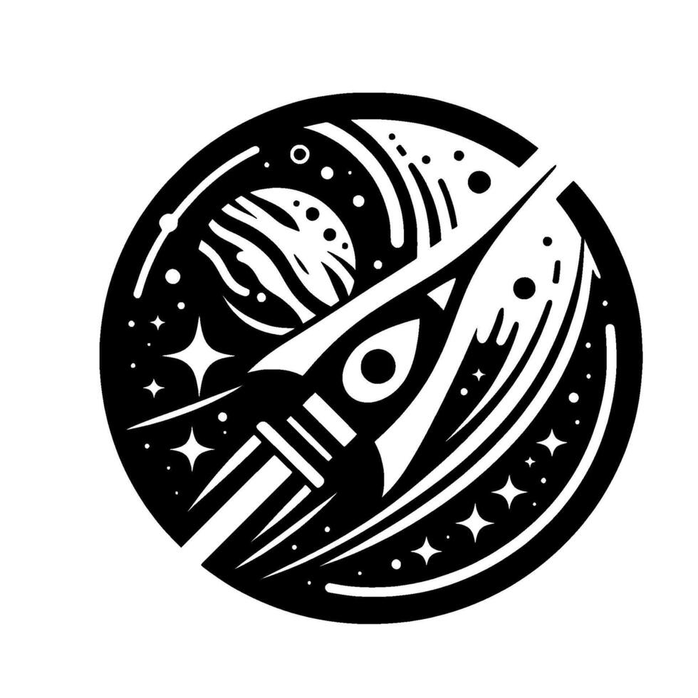 Black and White Circular Illustration Rocket Soaring Through Space, Passing a Planet, Stars, and Cosmic Debris. vector