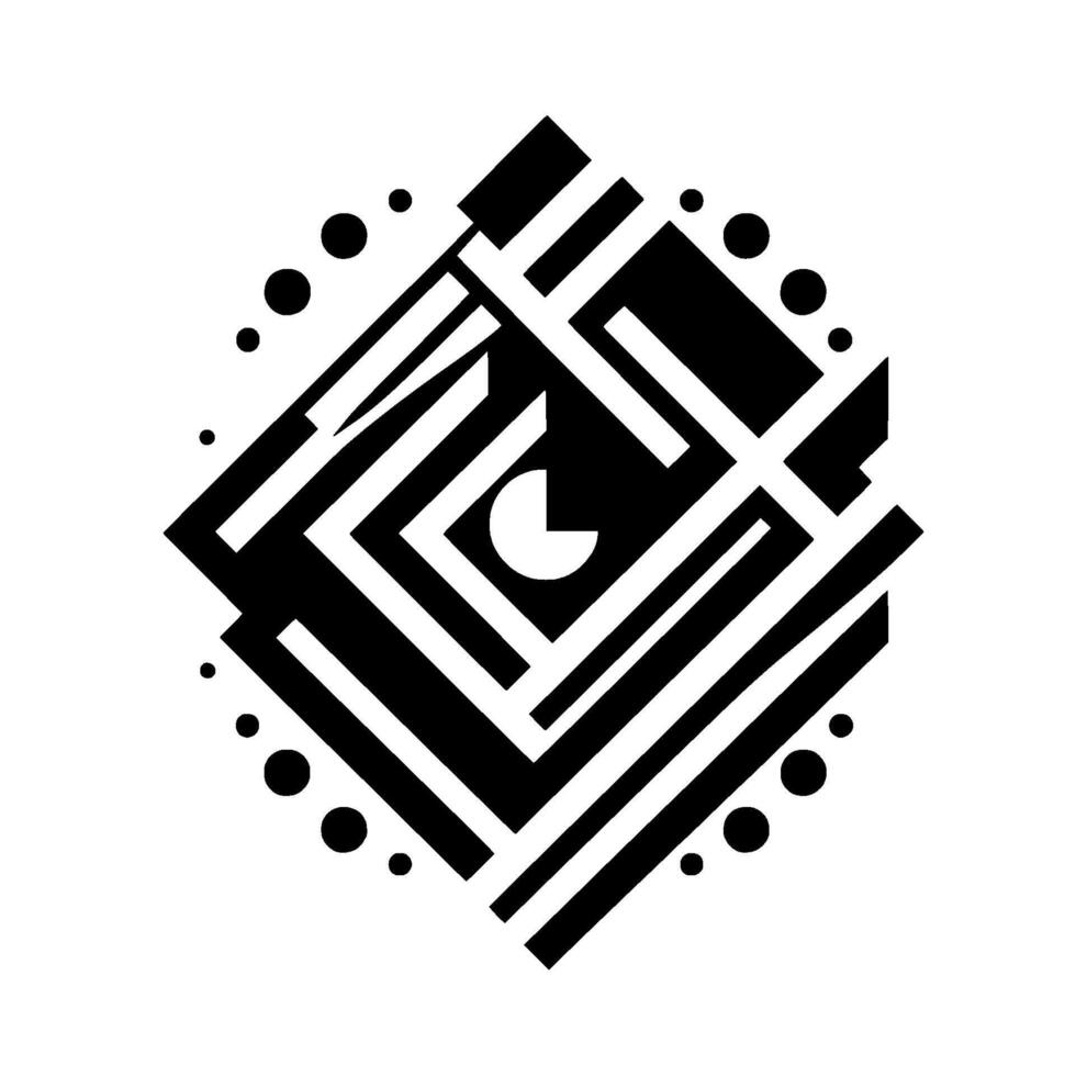 Geometric Black and White Abstract Composition Featuring Lines, Shapes, and Dots Centered in Square vector