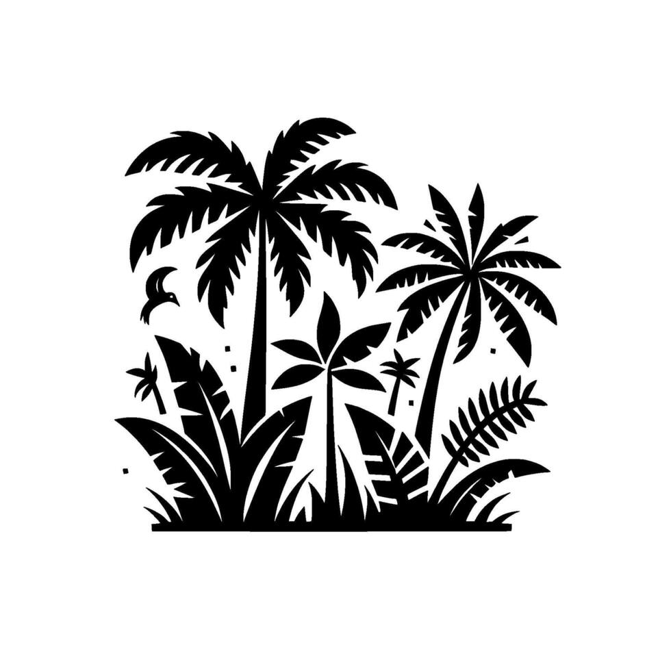 Stylized Black and White Tropical Landscape Illustration Palm Trees, Foliage, Bird, and Grass vector