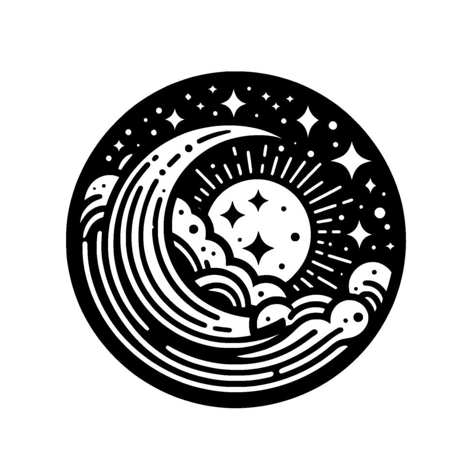 Celestial Serenity A Black and White Circular Illustration Featuring a Crescent Moon, Sun, Stars, and Ocean Waves in a Minimalist Style. vector