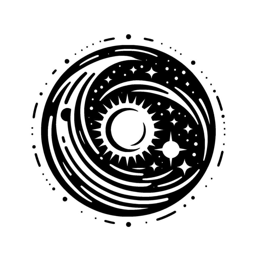 A celestial mandala showcasing the sun and moon, surrounded by cosmic swirls, stars and planets, within a stylized, black and white composition. vector