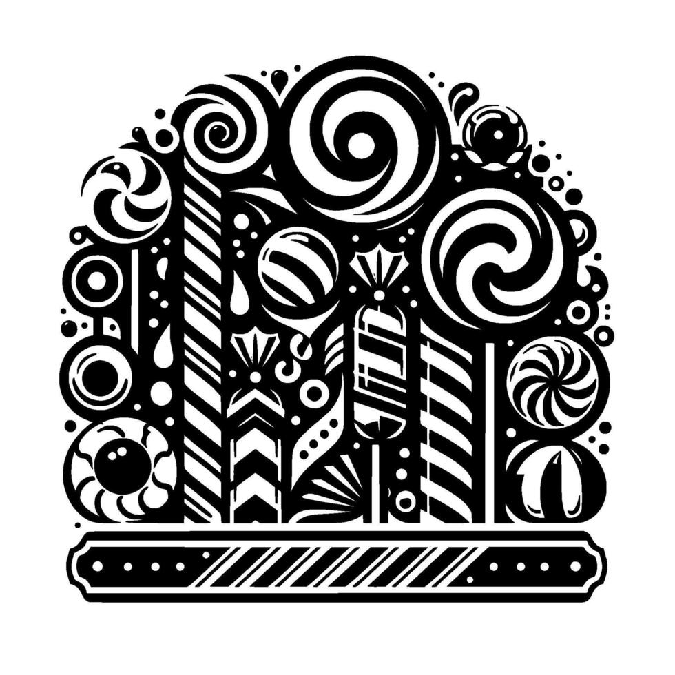 Whimsical monochrome candy illustration featuring lollipops, spiral swirls, and various sweets arranged in a semicircle. vector