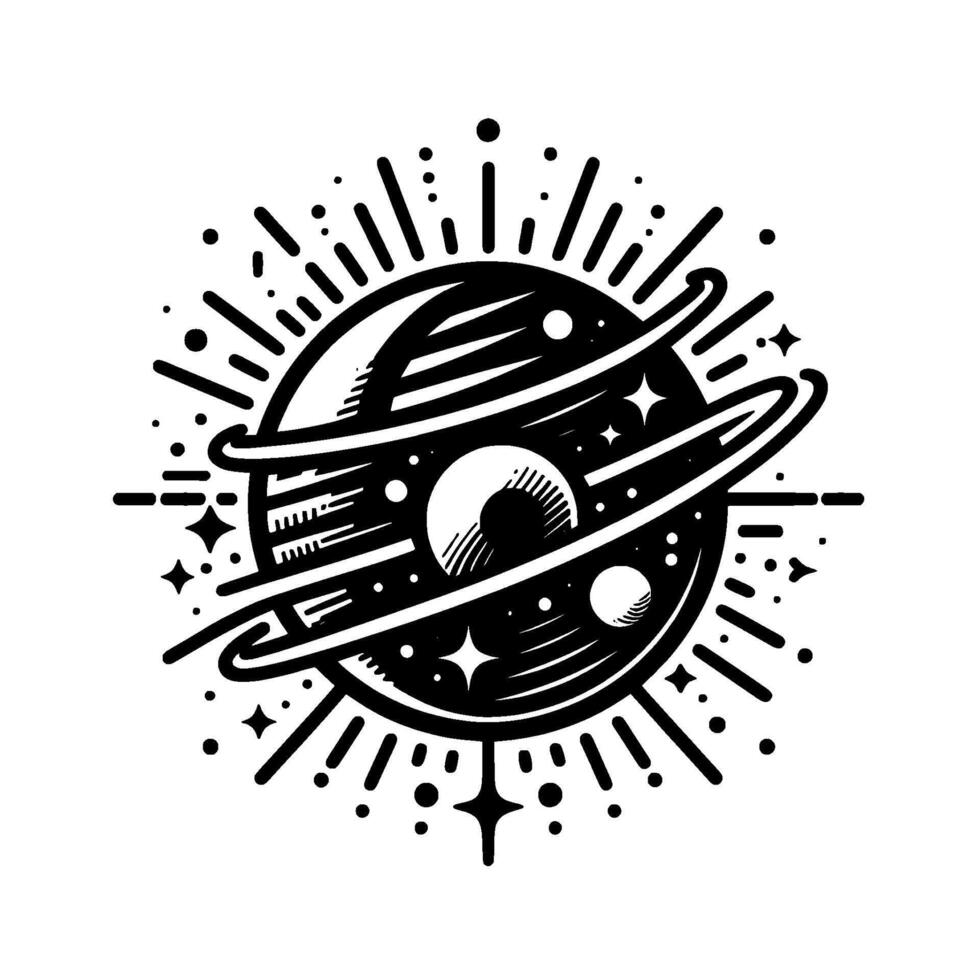 Monochromatic Cosmic Illustration A stylized planet with rings, stars, and radiating lines against a white backdrop, exuding a vintage, minimalist space aesthetic. vector