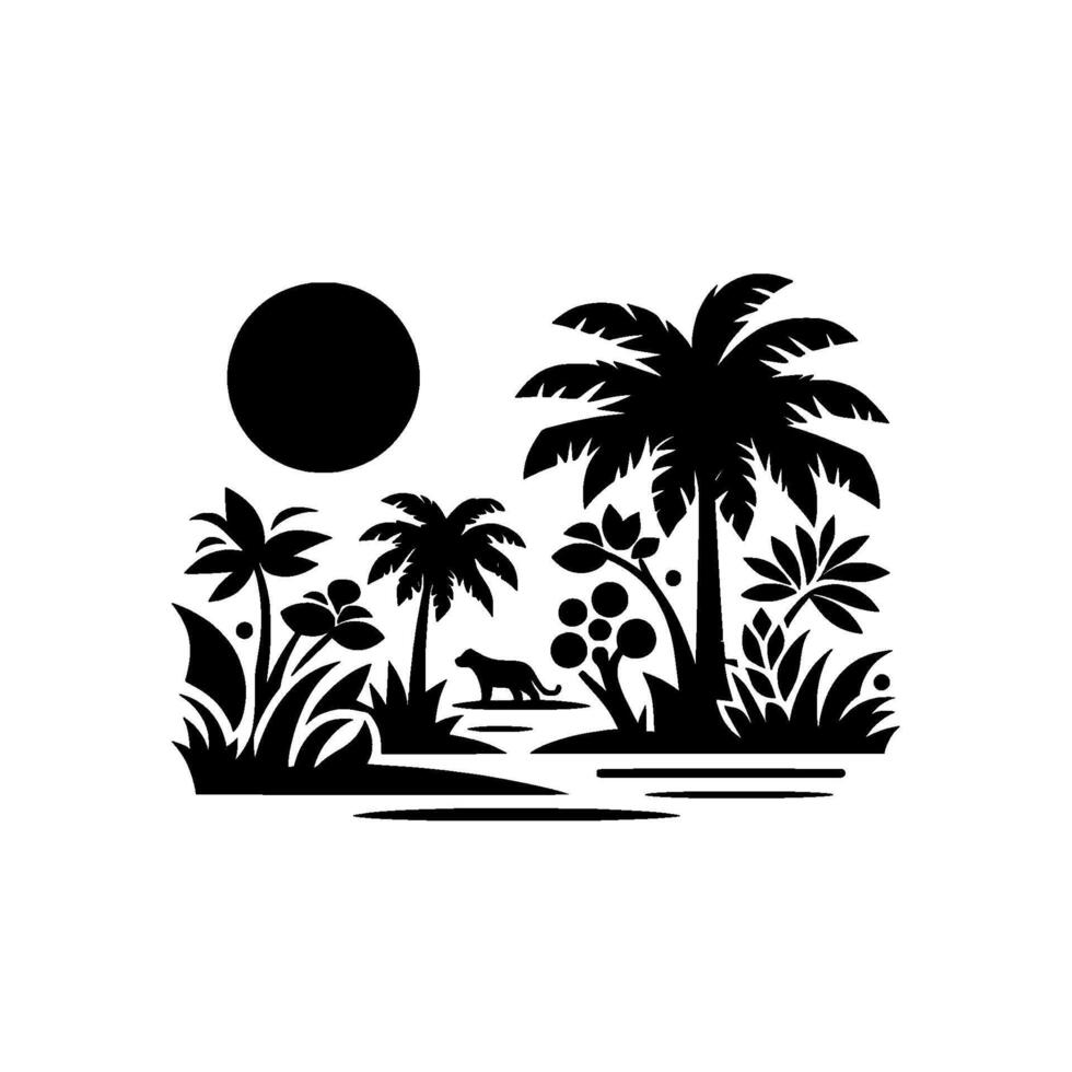 Silhouette Jungle Scene Featuring Palm Trees, Sun, Panther, Foliage and River. Minimalist Black and White Illustration. vector