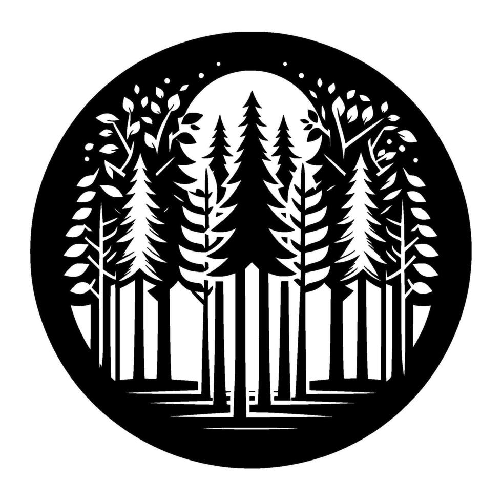 Silhouette of a forest scene within a circle, with trees and branches reaching toward a bright, circular shape, evoking calm and nature. vector