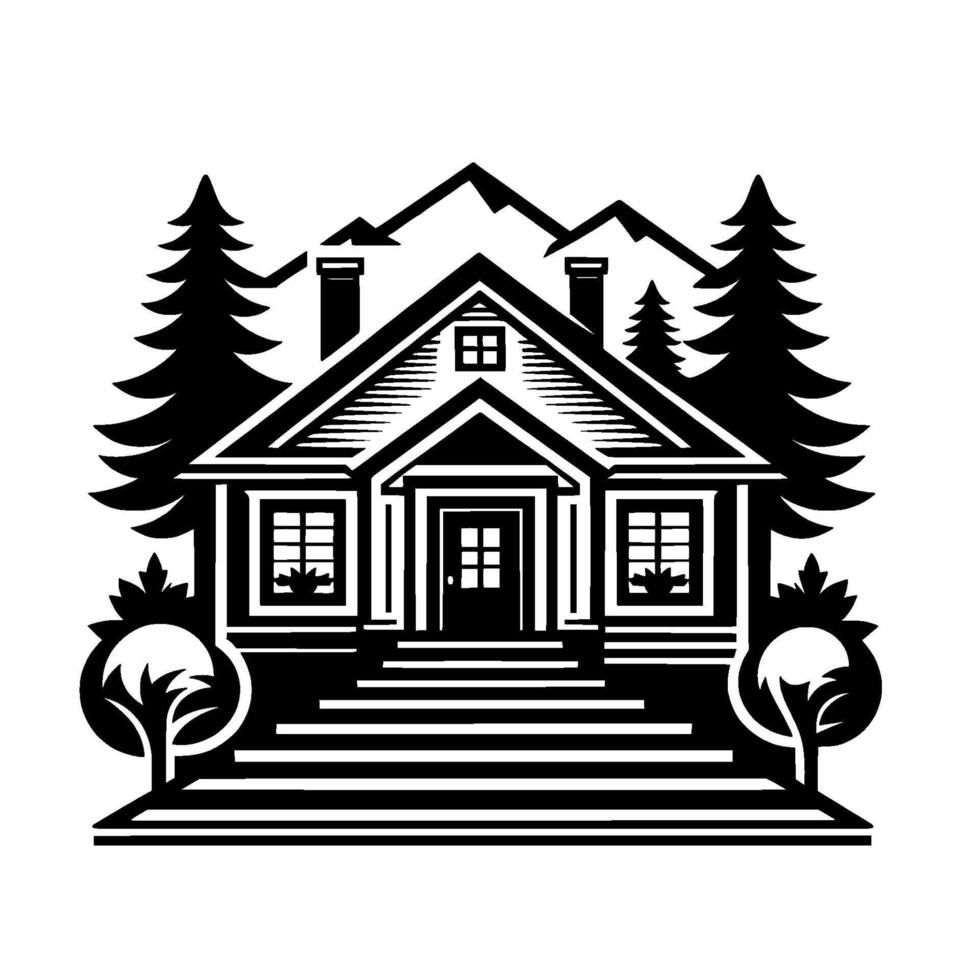 Black and White Illustration of a Lodge with Mountains, Pine Trees, and a Scenic Landscape, Representing Nature and Home. vector