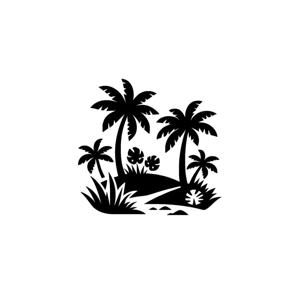 Silhouette Illustration of a Tropical Paradise Island Featuring Palm Trees, Lush Vegetation, and Serene Coastal Landscape in Black and White. vector
