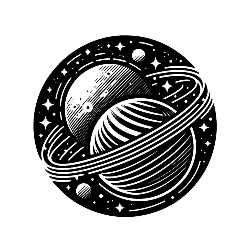 Intricate Black and White Illustration Orbiting Planets with Stellar Backdrop in Circular Composition. vector