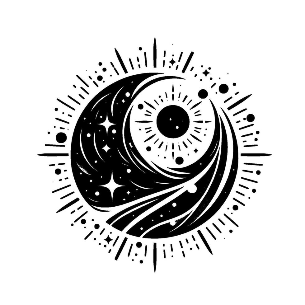 Black and white celestial featuring a crescent moon, sunburst, stars and cosmic elements, rendered in a minimalist style, resembling an eye or a divine symbol. vector