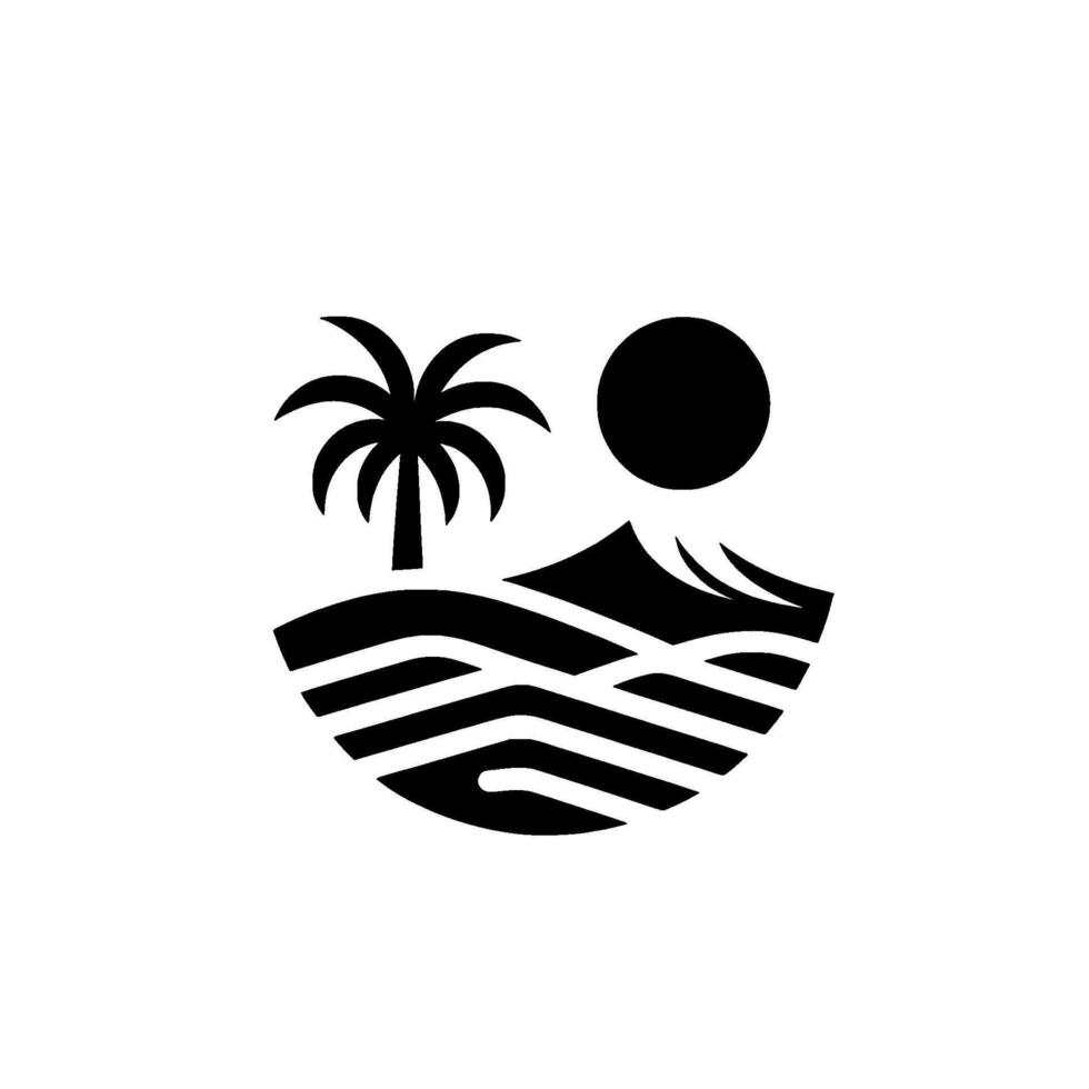 Minimalist Tropical Landscape Palm Tree, Sun, and Mountain Silhouette Against a White Background in a Geometric . vector