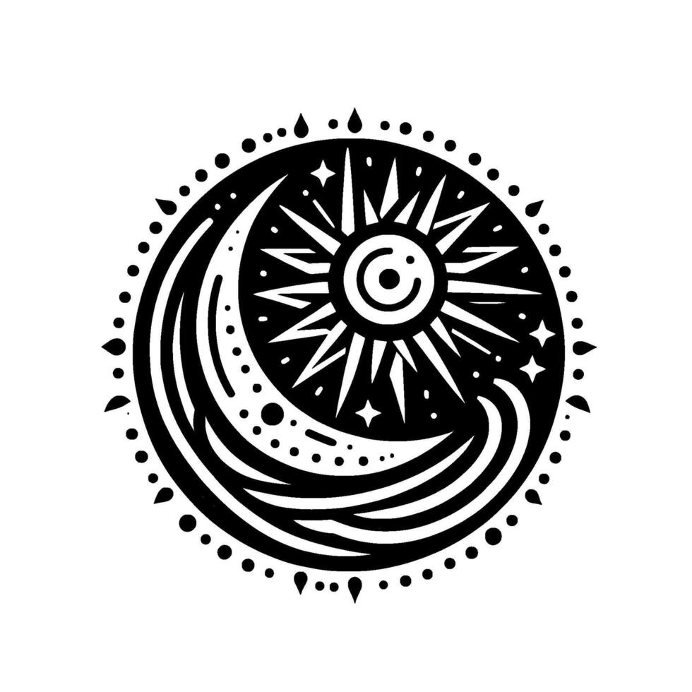 Celestial YinYang Intricate black and white illustration merging Sun, Moon, stars, and decorative border creating a cosmic and ethereal composition. vector