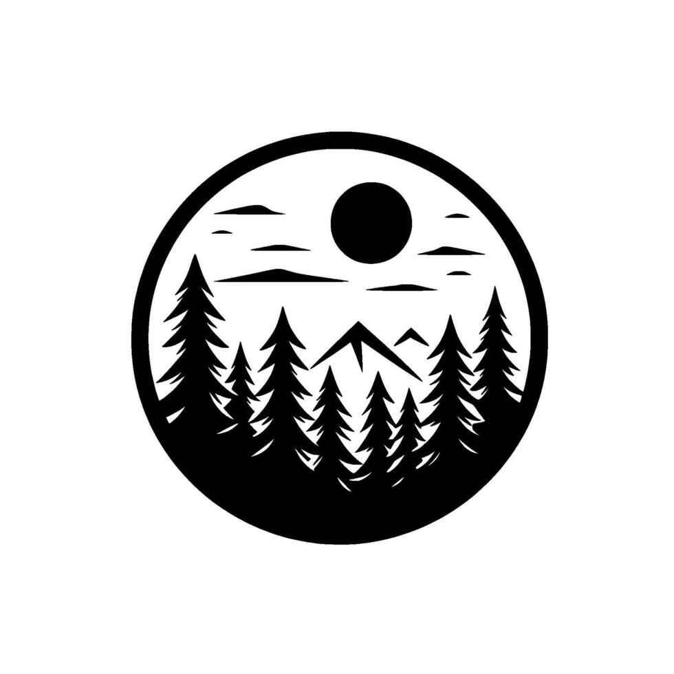 Black and White Circular Nature Pines, Mountains, Sun, and Clouds inside a Circle, Illustrative . vector
