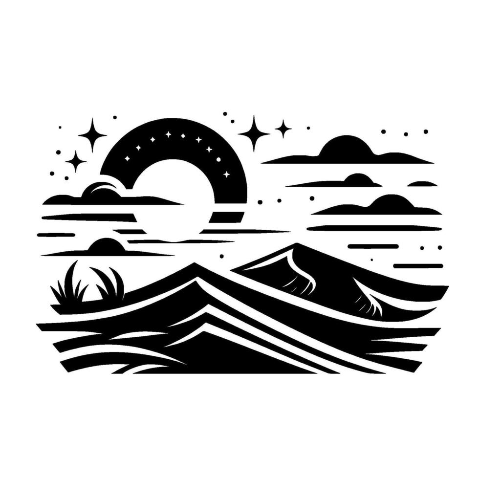 A stylized black and white landscape depicting mountains, a celestial body with stars, clouds, and simple vegetation against a bright backdrop. vector