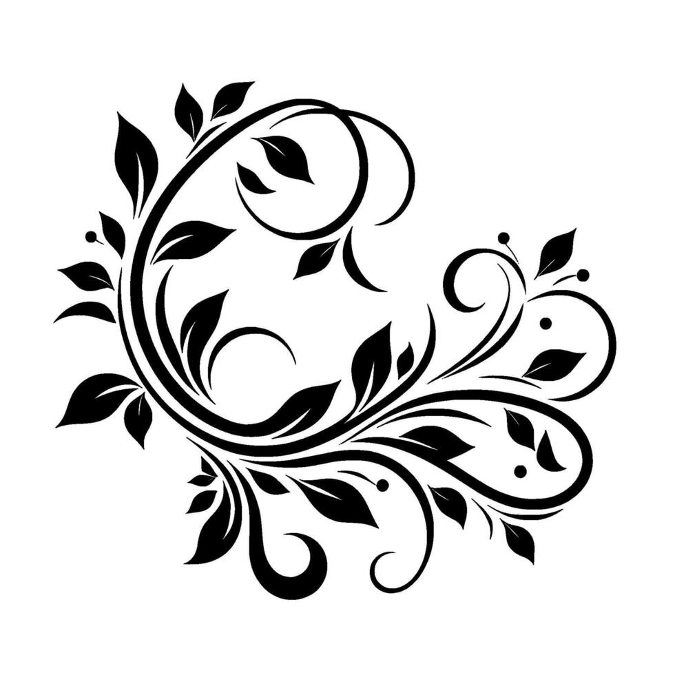 Elegant Black and White Floral Ornament Stylized Leaves and Swirls on a Plain White Background. vector