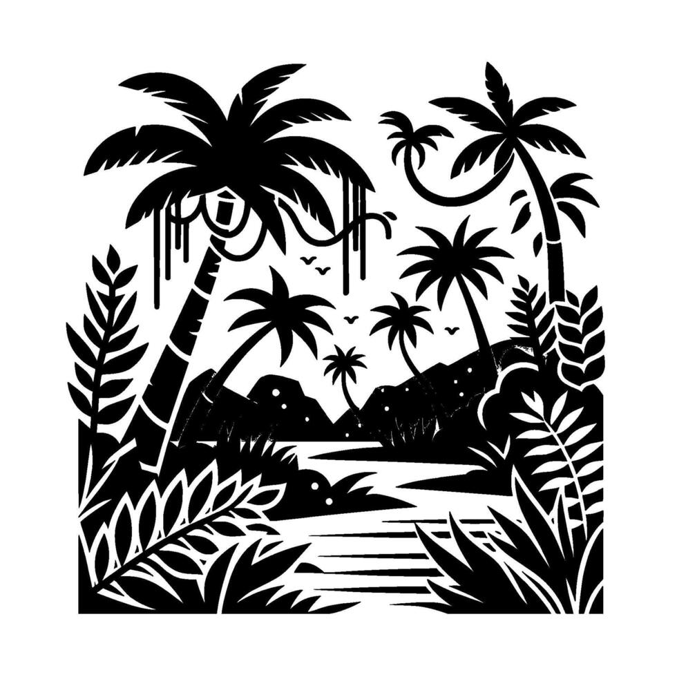 Lush Tropical Island Silhouette Palm Trees, River, Mountains, Flora in Monochromatic Art vector
